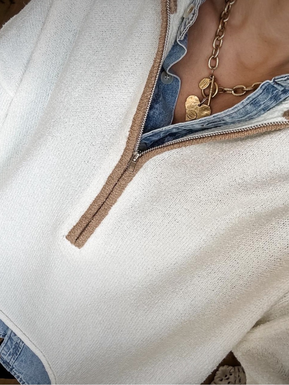 Promise Cream Half-Zip Sweater with Tan Trim🌻